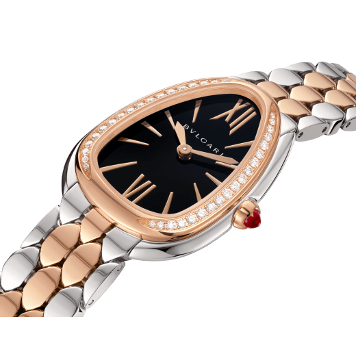 Serpenti Seduttori watch with stainless steel case, 18 kt rose gold bezel set with 38 round brilliant-cut diamonds, black lacquered dial, stainless steel and 18 kt rose gold bracelet with folding buckle. Water-resistant up to 30 metres 103450 image 2