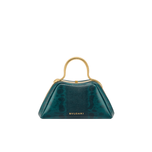 Serpentine mini top handle bag in bright forest emerald shiny karung with black nappa leather lining. Captivating snake body-shaped top handle in gold-plated brass embellished with engraved scales and red enamel eyes, press-button closure and gold-plated brass hardware. 294311 image 2