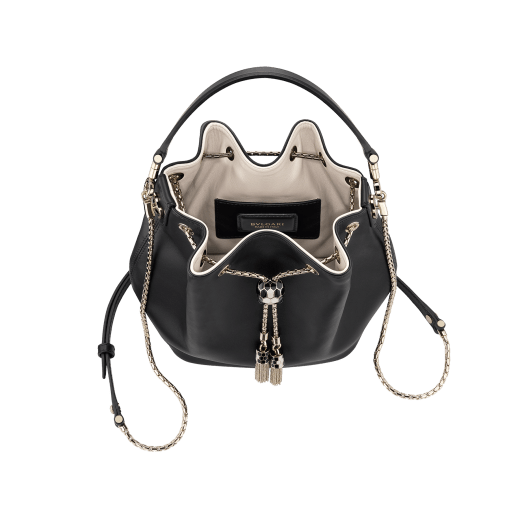 "Serpenti Forever" bucket in white agate smooth calf leather and mint nappa internal lining. Hardware in light gold plated brass and snakehead closure in black and white agate enamel, with eyes in black onyx. 934-CLa image 4