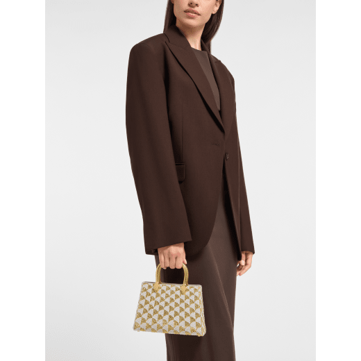 Serpentine Duo tote bag in multicolour Calla Crystals pattern on suede and black nappa leather lining. Captivating double-head snake body-shaped handles in gold-plated brass embellished with engraved scales. SRN-001-1308S-CRYS image 1