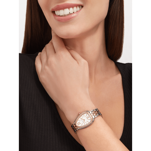 Serpenti Seduttori watch with stainless steel case, 18 kt rose gold bezel set with diamonds, white dial, and 18 kt rose gold and stainless steel bracelet 103945 image 1