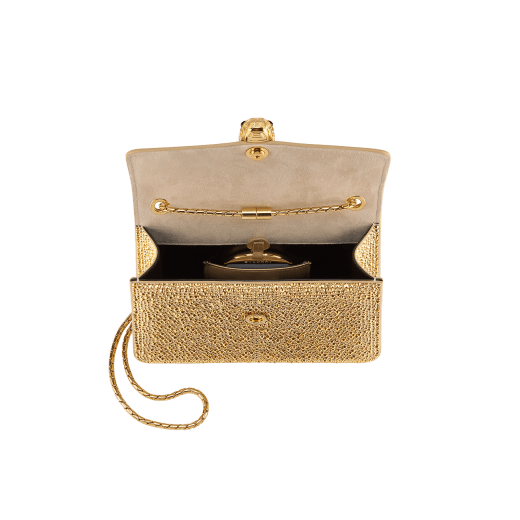 Serpenti Forever small crossbody bag in natural suede with different-size gold crystals and black nappa leather lining. Captivating magnetic snakehead closure in gold-plated brass embellished with "diamantatura" engraving on the scales, and black onyx eyes. 292889 image 4