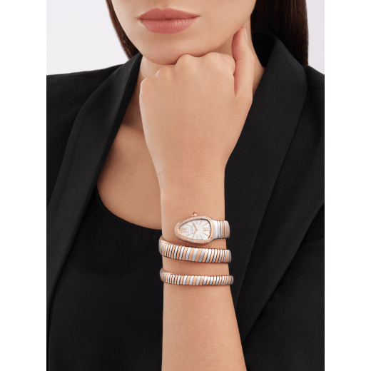 Serpenti Tubogas double spiral watch with stainless steel case, 18 kt rose gold bezel set with diamonds, silver opaline dial with guilloché soleil treatment, stainless steel and 18 kt rose gold bracelet 103149 image 1