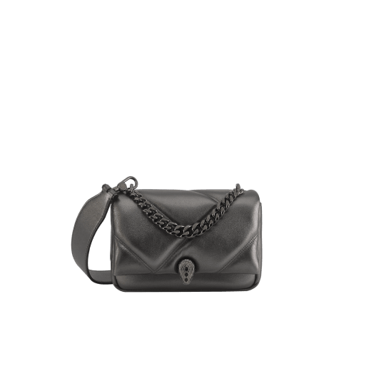 "Serpenti Cabochon" maxi chain crossbody mini bag in soft quilted black calf leather, with a maxi graphic motif, and black nappa leather internal lining. New Serpenti head closure in dark ruthenium-plated brass and finished with small black onyx scales in the middle and red enamel eyes. 1164-MSMc image 1