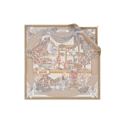 Bvlgari Curiosity scarf in fine gold silk with a BVLGARI BVLGARI metal pendant. Made of 100% silk. BULGARICURIOSITYSQ image 1