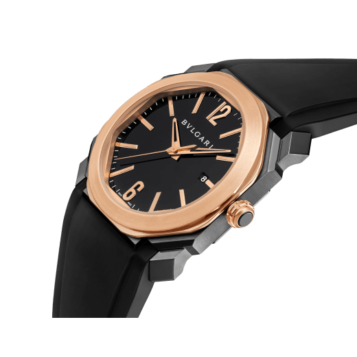 Octo watch with mechanical manufacture movement, automatic winding and date, stainless steel case treated with black Diamond Like Carbon, 18 kt rose gold bezel, black lacquered dial and black rubber bracelet. 102485 image 2