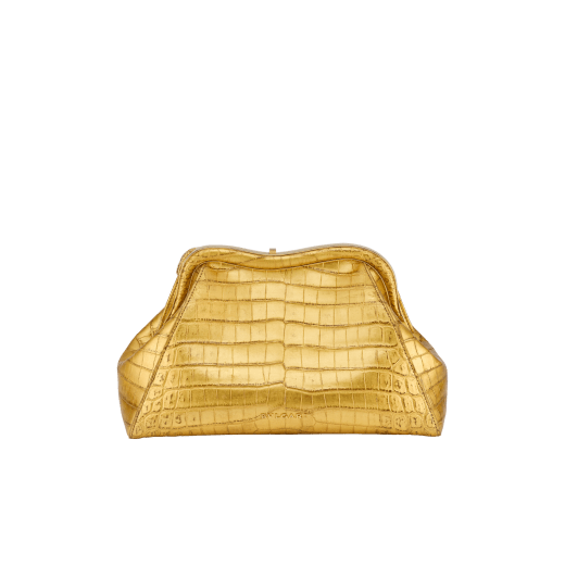Serpentine medium pouch in antique gold soft metallic crocodile skin with 24 kt gold treatment and emerald green nappa leather lining. Captivating snake-shaped frame in gold-plated brass including 3 µ of 24 kt gold, embellished with engraved scales and red enamel eyes on one side and antique gold soft metallic crocodile insert on the other, and press-button closure. Exclusive Bulgari 50th anniversary in the US Edition. 292590 image 3