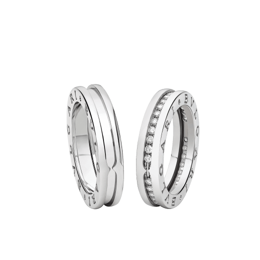 B.zero1 one-band couples' rings in 18 kt white gold, one of which is set with pavé diamonds on the spiral. A distinctive ring set fusing visionary design with bold charisma. BZERO1-COUPLES-RINGS-2 image 1