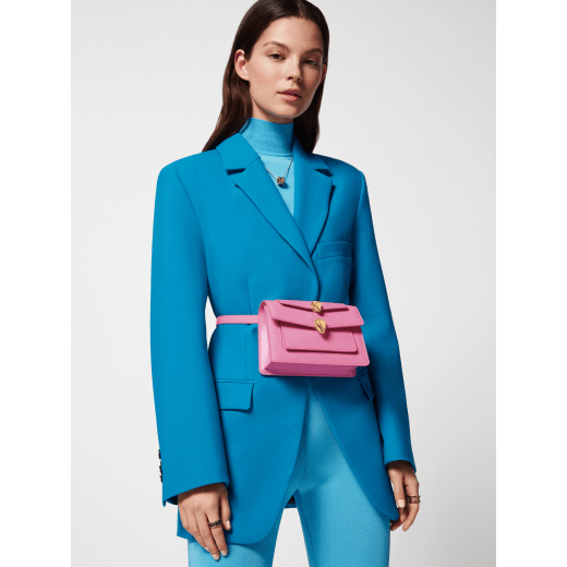 Alexander Wang x Bulgari small belt bag in azalea quartz pink calf leather with black nappa leather lining. Captivating double Serpenti head magnetic closure in antique gold-plated brass embellished with red enamel eyes. 292314 image 8