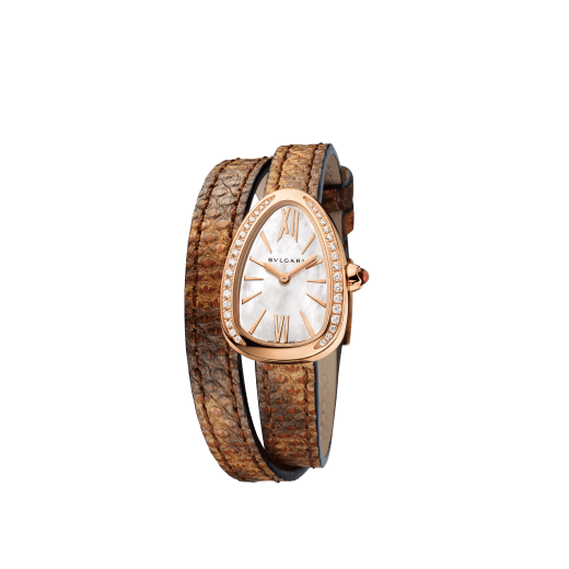 Serpenti watch with 18 kt rose gold case set with brilliant cut diamonds, white mother-of-pearl dial and interchangeable double spiral bracelet in brown karung leather. 102727 image 2