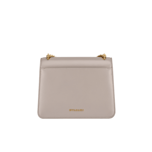 Serpenti Forever Maxi Chain small crossbody bag in foggy opal grey Metropolitan calf leather with linen agate beige nappa leather lining. Captivating snakehead magnetic closure in gold-plated brass embellished with grey agate scales and red enamel eyes. 1134-MCMC image 3