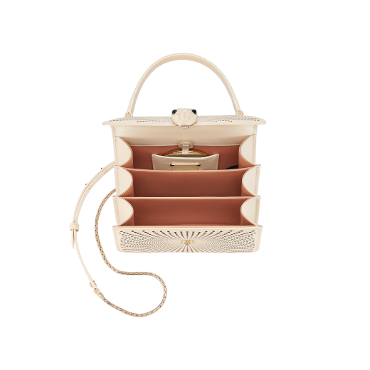 Serpenti Forever top handle bag in ivory opal laser-cut calf leather with caramel topaz beige nappa leather lining. Captivating snakehead closure in light gold-plated brass embellished with matt and shiny ivory opal enamel scales and black onyx eyes. 752-LCL image 4