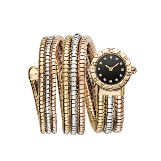 Bvlgari Bvlgari Tubogas watch with 18 kt yellow gold case and double logo engraving on the bezel, black lacquered dial, diamond indexes, and double-spiral mini Tubogas bracelet in 18 kt yellow, white and rose gold. Water-resistant up to 50 metres. 103776 image 1