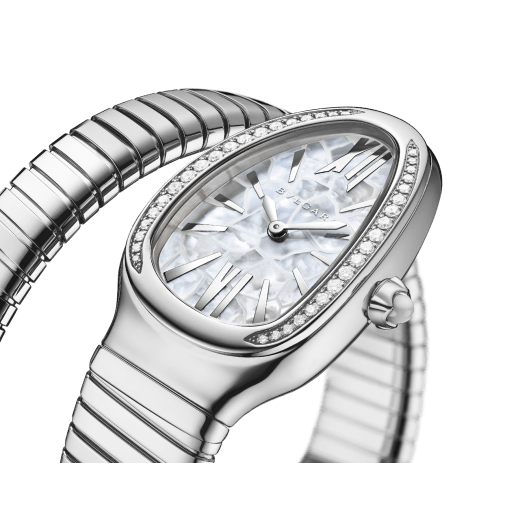 Tadao Ando x Bvlgari Serpenti Tubogas Limited Edition single-spiral watch in stainless steel with pavé diamonds on the bezel and mother-of-pearl dial. Water-resistant up to 30 metres. SERPENTI-TUBOGAS-TADAO-WINTER image 2