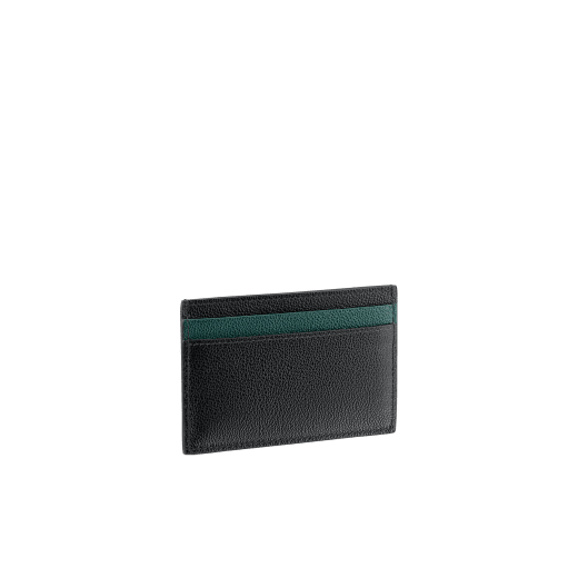 "BVLGARI BVLGARI" men's card holder in black and Forest Emerald green "Urban" grain calf leather. Iconic logo embellishment in dark ruthenium-plated brass with black enamelling. BBM-CCHOLDERASYM image 2