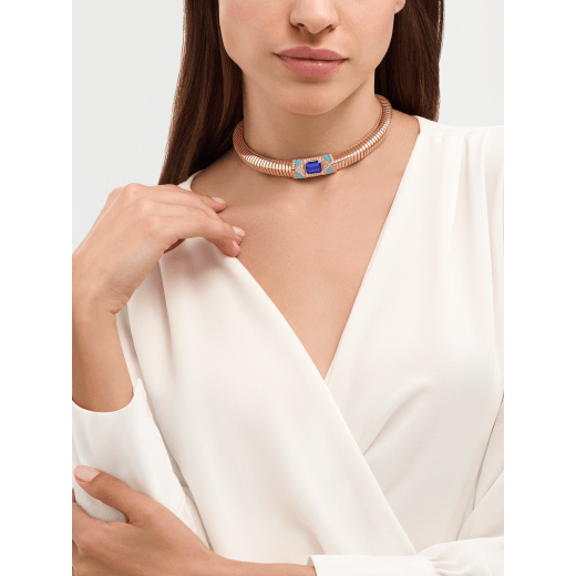Bvlgari Tubogas 18 kt rose gold necklace set with a central tanzanite, turquoise inserts and pavé diamonds CL860175 image 1