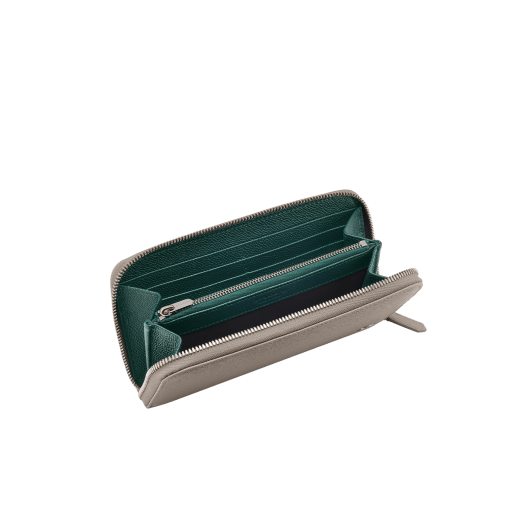 BULGARI BULGARI Man large zipped wallet in foggy opal grey grain calf leather with forest emerald green grain calf leather interior. Iconic palladium-plated brass décor and zip around closure. BBM-WLTZIPgcla image 2