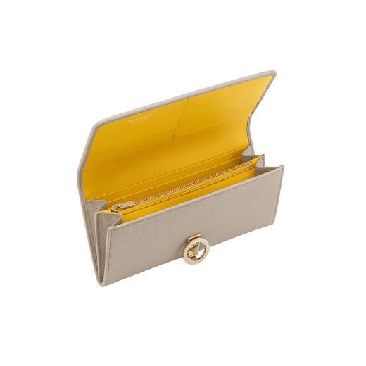 BULGARI BULGARI large wallet in sunbeam citrine yellow bright grain calf leather with coral carnelian orange nappa leather interior. Iconic light gold-plated brass clip with flap closure. 579-WLT-SLI-POC-CLd image 2