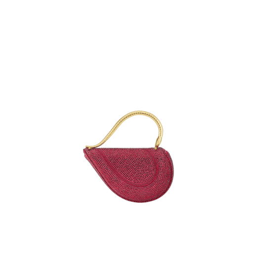 Serpenti Cuoricino mini top handle bag with gold Neige Pavé Crystals applied on a suede base and bright Travertino nappa leather lining. Captivating snake body-shaped top handle in gold-plated brass embellished with engraved scales; press-button closure. SRN-001-1366XS-CRYS image 2
