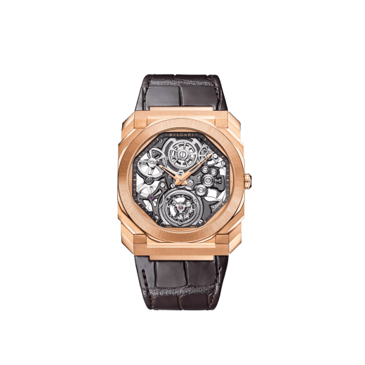 Часы Octo Finissimo Tourbillon Skeleton, ультратонкий мануфактурный механизм с ручным заводом (толщина 1,95 мм), парящий турбийон, корпус из розового золота 18 карат с сатинированными и полированными поверхностями, ажурный циферблат, коричневый ремешок из кожи аллигатора. Водонепроницаемость до 30 метров. 103981 image 1