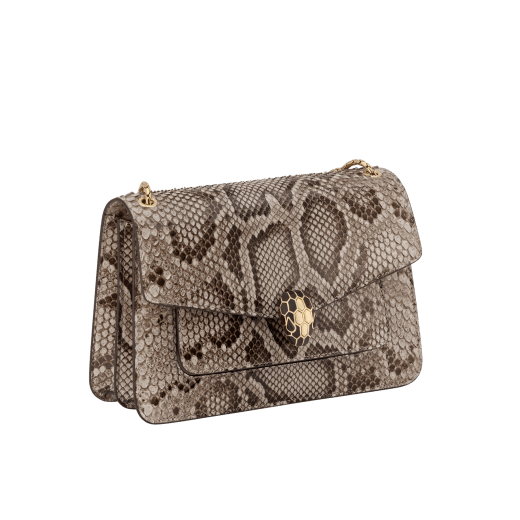 Serpenti Forever medium shoulder bag in foggy opal grey shiny python skin with crystal rose nappa leather lining. Captivating snakehead magnetic closure in light gold-plated brass embellished with black enamel and light gold-plated brass scales, and black onyx eyes. 293336 image 2