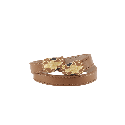 Serpenti Forever multi-coil bracelet in desert jasper calf leather. Single-rivet contraire snakehead closure in gold-plated brass embellished with desert jasper enamel and gold-plated brass scales, and black enamel eyes. BRACLT-MC-SERP image 1