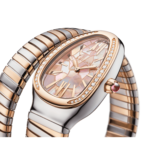 Tadao Ando x Bvlgari Serpenti Tubogas Limited Edition single-spiral watch in 18 kt rose gold and stainless steel with pavé diamonds on the bezel and pink mother-of-pearl dial. Water-resistant up to 30 metres. SERPENTI-TUBOGAS-TADAO-ANDO-PINK image 2
