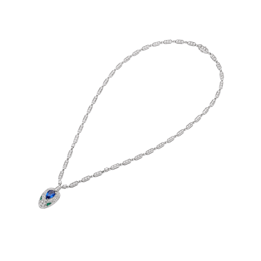 Serpenti 18 kt white gold necklace set with a blue sapphire on the head, emerald eyes and pavé diamonds 355354 image 3