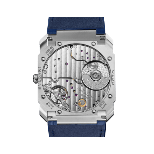 Octo Finissimo Perpetual Calendar watch with 40 mm satin-polished platinum case, 5,80 mm thick, transparent case back, satin-polished white gold crown with black ceramic insert, blue lacquered dial, blue alligator strap with platinum pin buckle. BVL 305 manufacture ultra-thin automatic winding mechanical movement with perpetual calendar, day, month, retrograde date and retrograde leap year, 2,75 mm thick, 60-hour power reserve, 21'600 Vph (3 Hz) frequency. Water resistant to 3 ATM. 103463 image 4