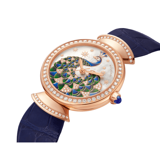 DIVAS' DREAM watch with 18 kt rose gold case set with brilliant-cut diamonds, mother-of-pearl dial with hand-painted peacock set with diamonds and dark blue alligator bracelet 102741 image 2
