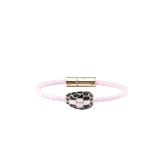 Serpenti Forever braid bracelet in rosa di francia woven calf leather with the iconic snakehead decor in black and rosa di francia enamel. SerpBraid-WCL-RdF image 1