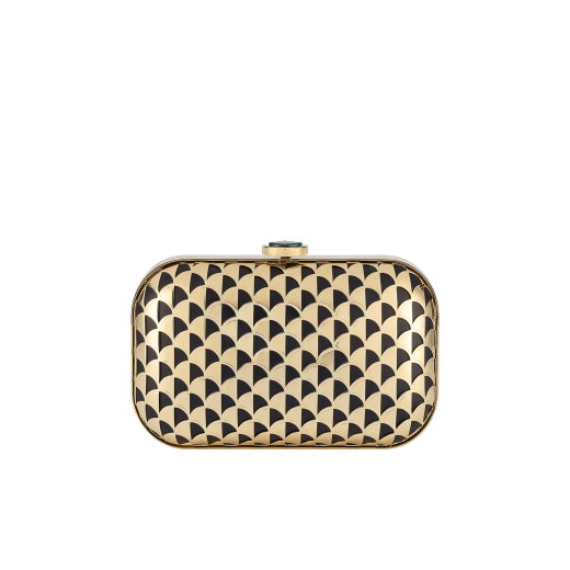 Calla clutch in gold-plated metal with a laser cut Calla motif on black nappa leather lining. Iconic closure embellished with a fan-shaped malachite insert. DAS-001-1317S image 1