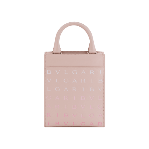 Bulgari Logo small tote bag in ivory opal calf leather with hot-stamped Infinitum pattern on the front and black grosgrain lining. Light gold-plated brass hardware. BVL-1228S-ICLb image 3