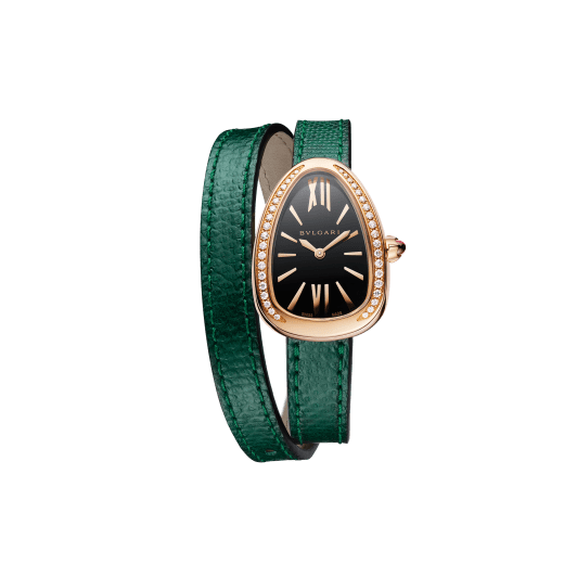 Serpenti watch with 18 kt rose gold case set with round brilliant-cut diamonds, black lacquered dial and interchangeable double spiral bracelet in green karung leather 102918 image 1