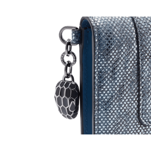 "Serpenti Forever" folded card holder in multicolour "Shaded" karung skin and Aquamarine light blue calf leather. Tempting palladium-plated brass snakehead charm, finished with pearled lilac and matte Aquamarine light blue enamel, and black enamel eyes. SEA-CC-HOLDER-FOLD-MKa image 4