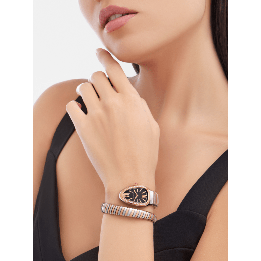 Serpenti Tubogas Lady watch with, 35 mm stainless steel curved case, 18 kt rose gold bezel set with diamonds, 18 kt rose gold crown set with a cabochon cut pink rubellite, black opaline dial with guilloché soleil treatment and hand-applied indexes, single spiral 18 kt rose gold and stainless steel bracelet. Quartz movement, hours and minutes functions. Water proof 30 m. 102098 image 2