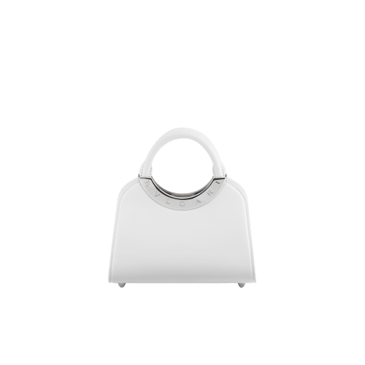 Bvlgari Roma mini top handle bag in flash diamond white Metropolitan calf leather with milky opal nappa leather lining. Iconic metal detail in palladium-plated brass engraved with the Bvlgari logo, and magnetic press-button closure. BVR-001-1310XS-CALF image 2