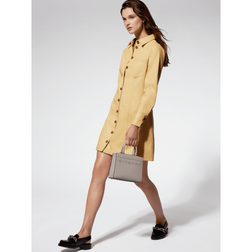 Bulgari Logo small tote bag in foggy opal grey smooth and grained calf leather with linen agate beige grosgrain lining. Iconic Bulgari logo decorative chain in light gold-plated brass, with hook fastening. BVL-1202SCLL image 1