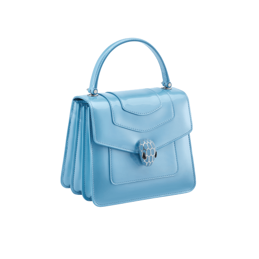 Serpenti Forever top handle bag in Niagara sapphire blue varnished calf leather with black gros grain lining. Captivating snakehead closure in palladium-plated brass embellished with matt Niagara sapphire blue enamel scales and black onyx eyes. 291322 image 2
