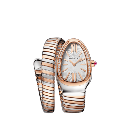 Serpenti Tubogas single spiral watch with stainless steel case, 18 kt rose gold bezel set with brilliant cut diamonds, silver opaline dial, 18 kt rose gold and stainless steel bracelet. 102237 image 1
