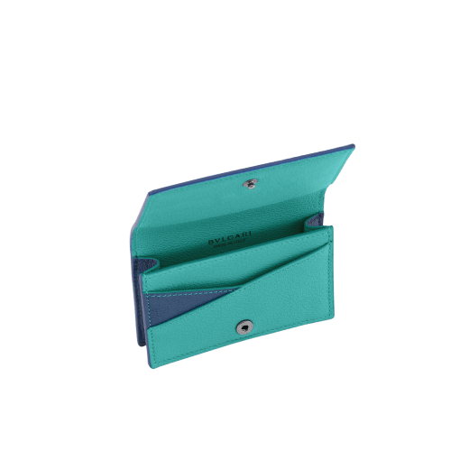 Bvlgari Bvlgari Man card holder in indigo topaz Urban grained calf leather with arctic jade details. Iconic dark ruthenium-plated brass embellishment with indigo topaz enamel and flap closure. BBM-BCHOLDERASYM image 2