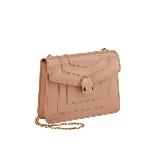 “Serpenti Forever” crossbody bag in agate-white calfskin with a polished, pearly finish and black grosgrain inner lining. Alluring snakehead closure in light gold-plated brass enriched with black and pearly, agate-white enamel and black onyx eyes 422-VCL image 2