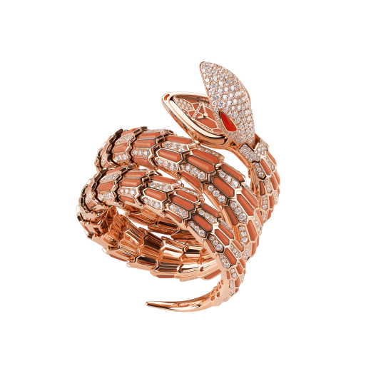 Serpenti Secret Watch in 18 kt rose gold case, 18 kt rose gold head, dial and double spiral bracelet, all set with brilliant cut diamonds and coral elements. 102143 image 1
