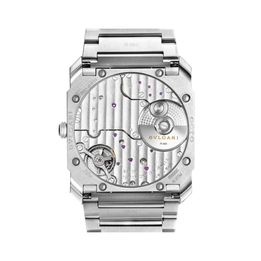 Octo Finissimo Automatic 腕錶，搭載機械機芯，自動上鍊，鉑金鉑金微型自動盤，小秒顯示，超薄緞面拋光精鋼錶殼和一體式錶帶，透明底蓋，太陽放射紋金屬光澤藍色錶盤。防水深度 100 公尺。 103431 image 5