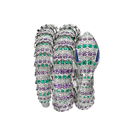 Serpenti Secret Watch with 18 kt white gold head set with brilliant cut diamonds, amethysts emeralds and malachite eyes, 18 kt white gold case, 18 kt white gold dial and double spiral bracelet, both set with brilliant cut diamonds, amethysts and emeralds. 101864 image 1