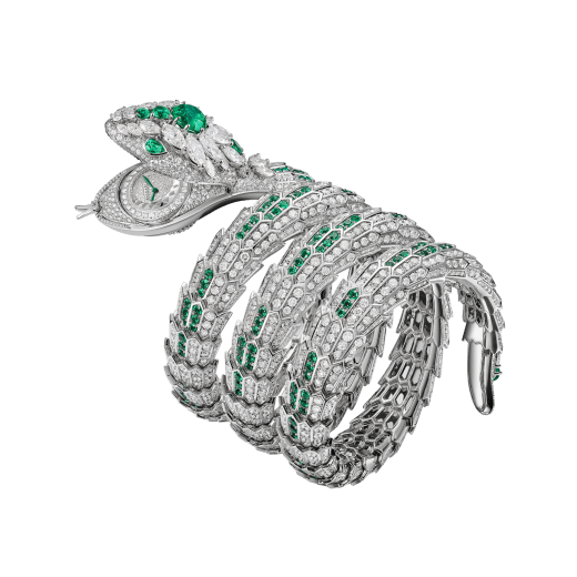 Serpenti Misteriosi Dragone High Jewellery watch with mechanical manufacture micro-movement with manual winding, 18 kt white gold case and bracelet set with diamonds and emeralds, and pavé-set diamond dial 103785 image 4