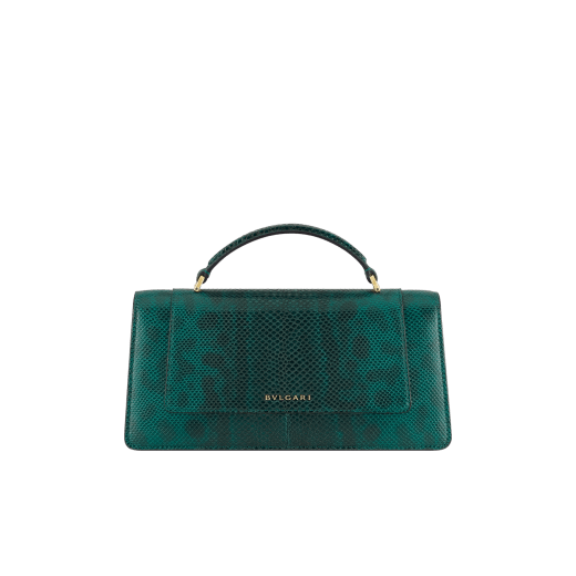 Serpenti Forever Elongated top handle bag in forest emerald shiny karung with black nappa leather lining. Captivating snakehead magnetic closure in gold-plated brass embellished with forest emerald enamel and gold-plated brass scales, and black onyx eyes. 295674 image 2