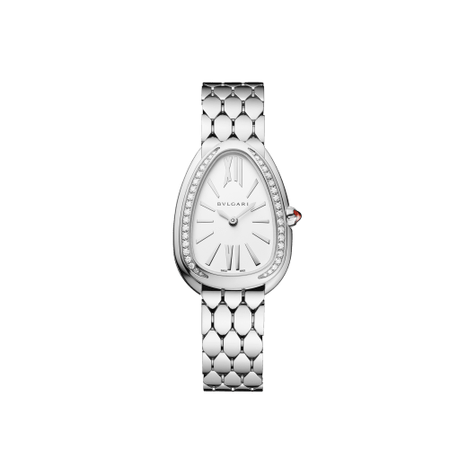 SERPENTI SEDUTTORI Lady Watch 33 mm stainless steel case and bezel set with diamonds. stainless steel crown set with a cabochon-cut pink rubellite, white silver opaline dial, stainless steel bracelet and folding buckle. Quartz movement, hours and minutes functions. Water-resistant up to 30 metres. 103361 image 1