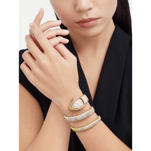 Serpenti Tubogas double-spiral watch in 18 kt yellow gold and stainless steel with diamond-set bezel and silver opaline dial with guilloché soleil treatment. Water-resistant up to 30 meters 103797 image 2