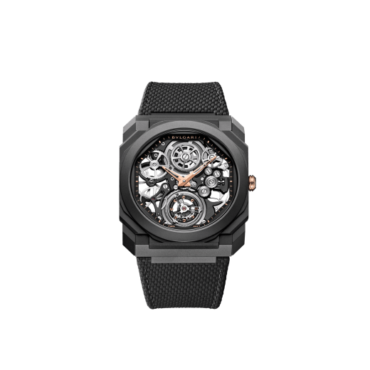 Octo Finissimo Tourbillon Skeleton watch with mechanical manufacture ultra-thin movement (1.95 mm thick), manual winding and flying tourbillon, sandblasted titanium case with black DLC, openwork dial and black rubber bracelet. Water-resistant up to 30 metres. 103984 image 1